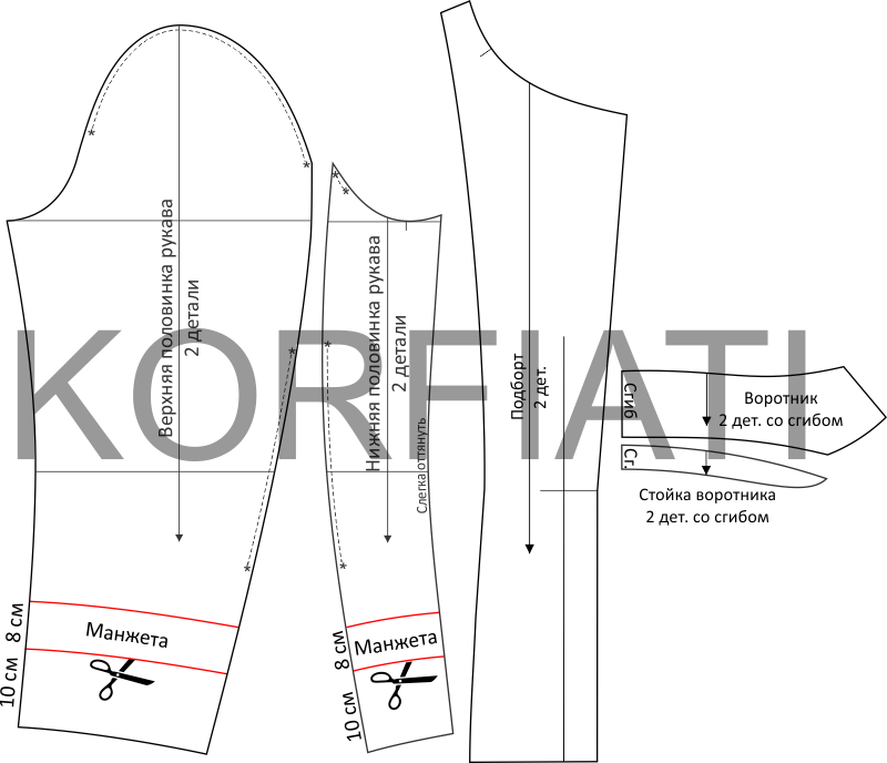 Детали кроя жакета в спортивном стиле - рукава, подборт и воротник Детали кроя жакета в спортивном стиле - рукава, подборт и воротник чертеж