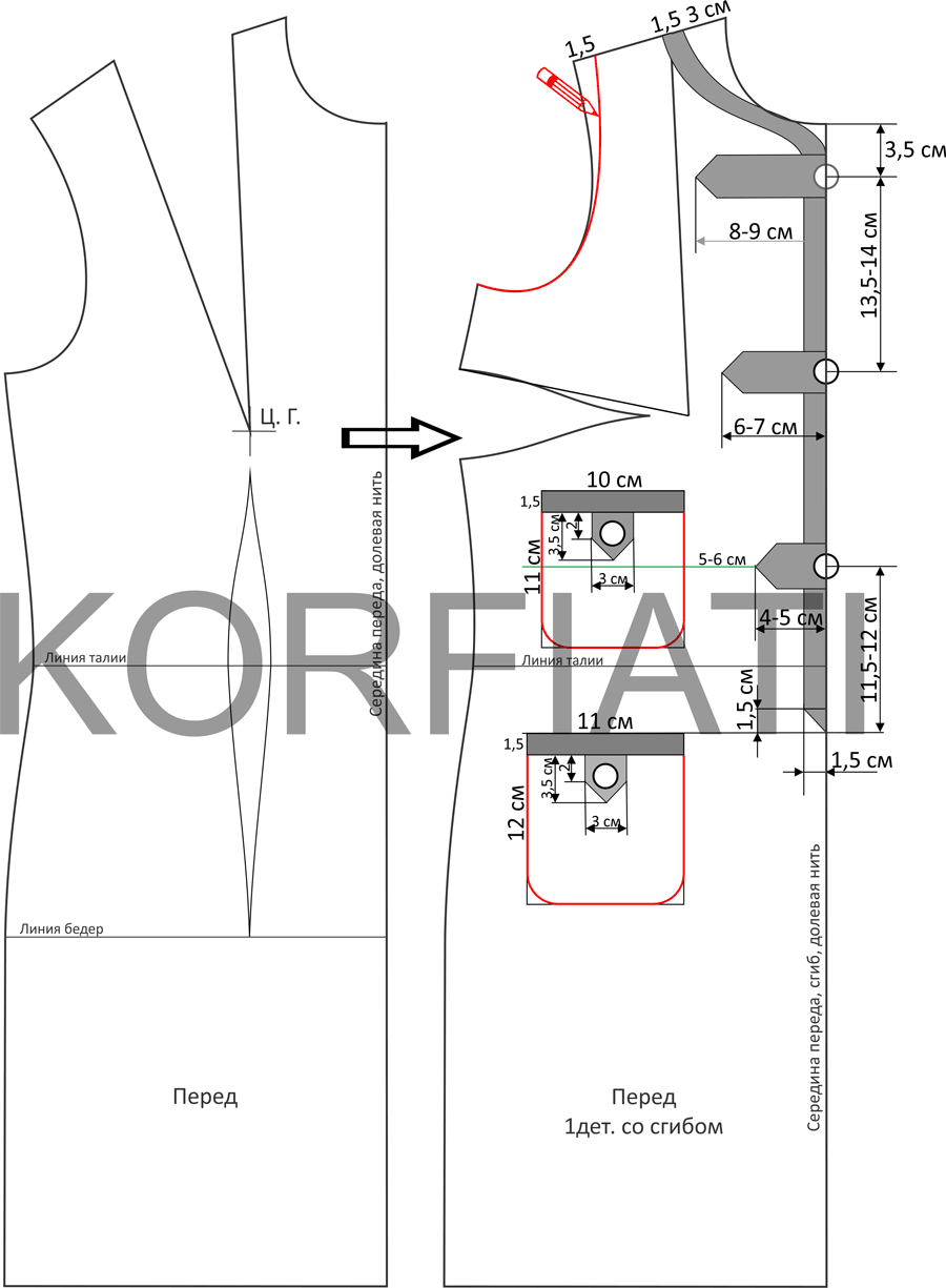 Выкройка платья с накладными карманами Выкройка платья с накладными карманами - перед