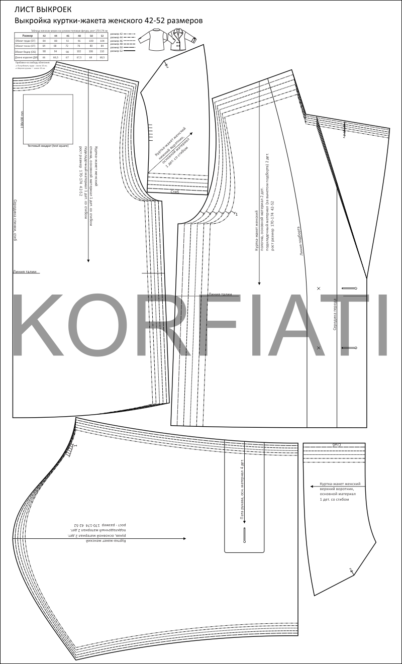 Куртка-жакет женский - лист выкроек 42-52 размеров Куртка-жакет женский - лист выкроек 42-52 размеров чертеж