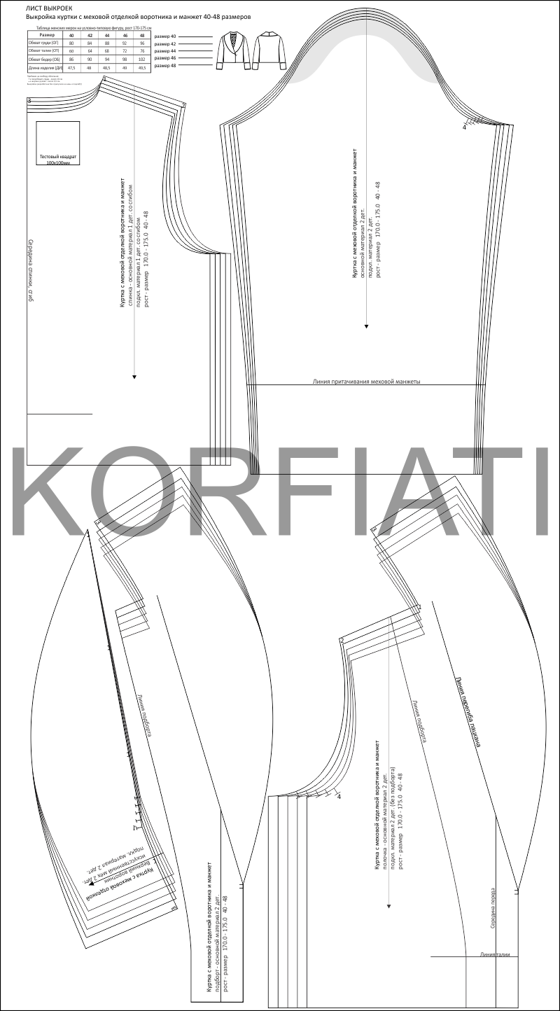 Выкройка куртки с меховой отделкой - лист выкроек 40-48 размеров Выкройка куртки с меховой отделкой - лист выкроек 40-48 размеров схема