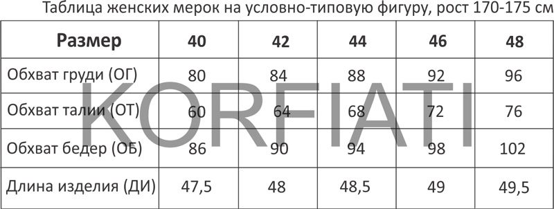 Таблица основных мерок на условно-типовую фигуру 40-48 размеров Таблица основных мерок на условно-типовую фигуру 40-48 размеров Корфиати