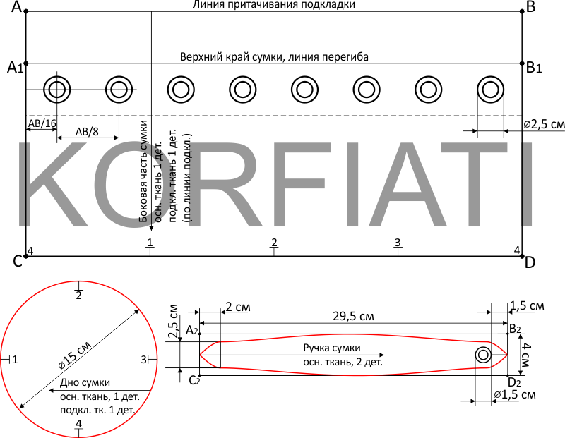 Выкройка сумки ведро - боковая часть, дно и ручка Выкройка сумки ведро - боковая часть, дно и ручка (Школа шитья Корфиати)