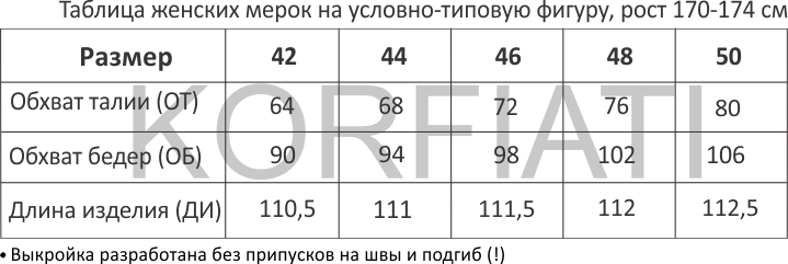 Таблица основных мерок для брюк 42-50 размеров Таблица основных мерок для брюк 42-50 размеров (Корфиати)